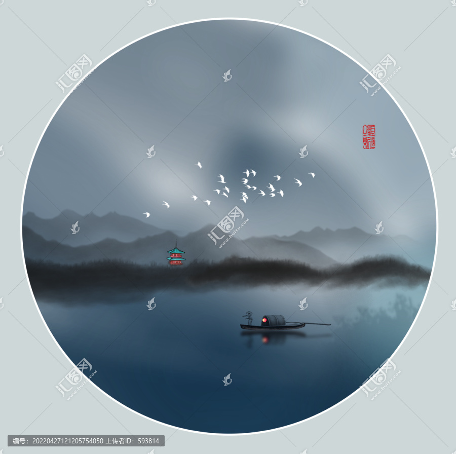 圓形水墨山水畫