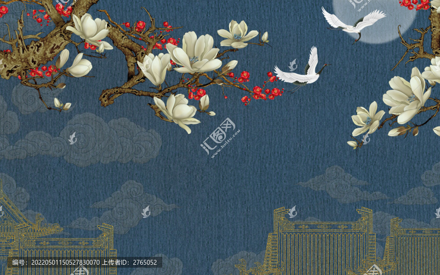 玉蘭高端刺繡仙鶴樓閣背景墻