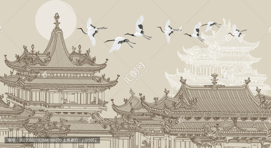 現(xiàn)代新中式線描樓閣仙鶴