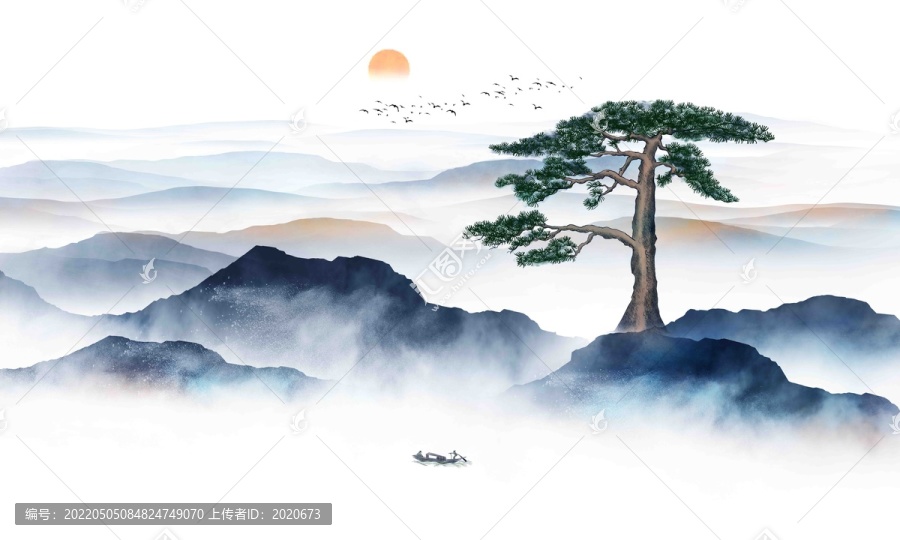 迎客松軟膜天花水墨畫