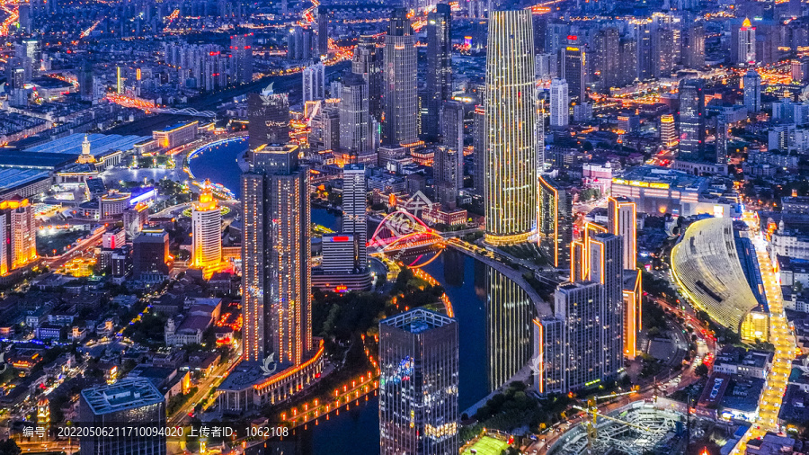 天津海河沿线夏季夜景航拍