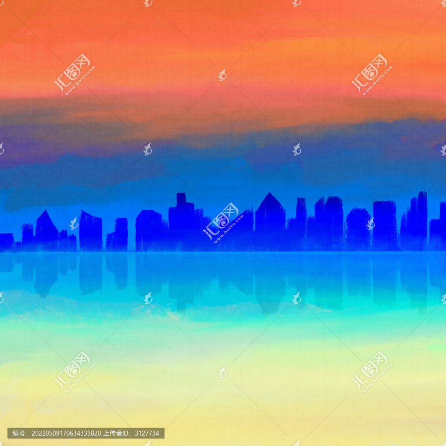 落日下的海濱城市剪影手繪插畫