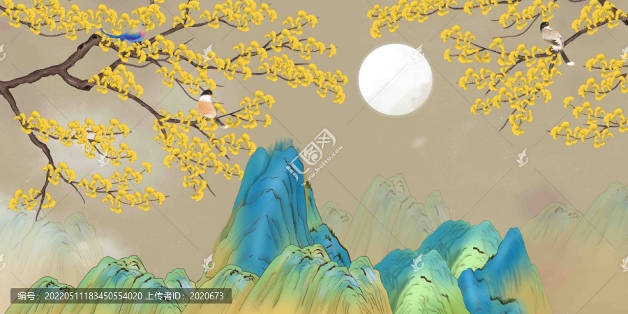 新中式銀杏花鳥山水畫