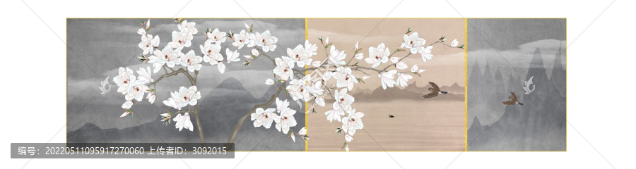 工筆玉蘭花鳥(niǎo)山水背景畫(huà)