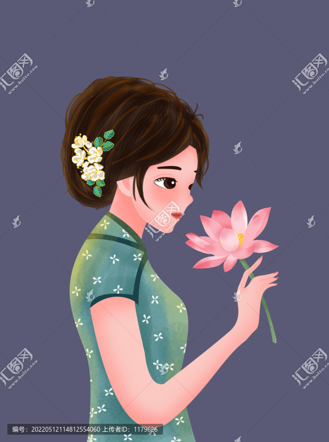 民國女生荷花插畫
