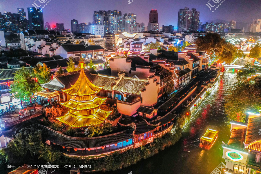 航拍南京秦淮河魁星阁夜景