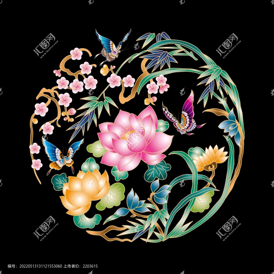 矢量荷花彩蝶團(tuán)花可無限放大