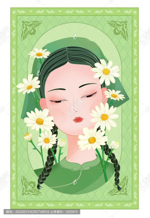 洋甘菊化妝品國風(fēng)中式女子插畫