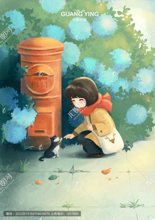 女孩和貓咪插畫