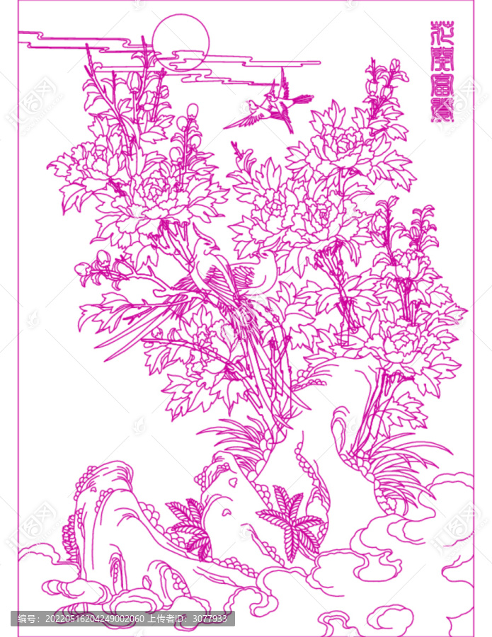 牡丹芙蓉錦雞白描圖