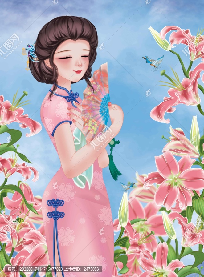 手繪旗袍美女插畫