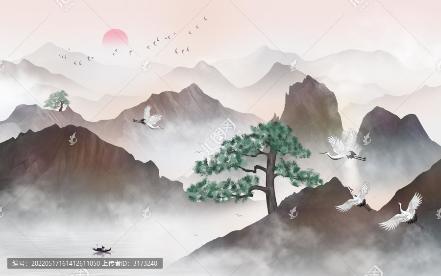 仙鶴迎客松山水畫