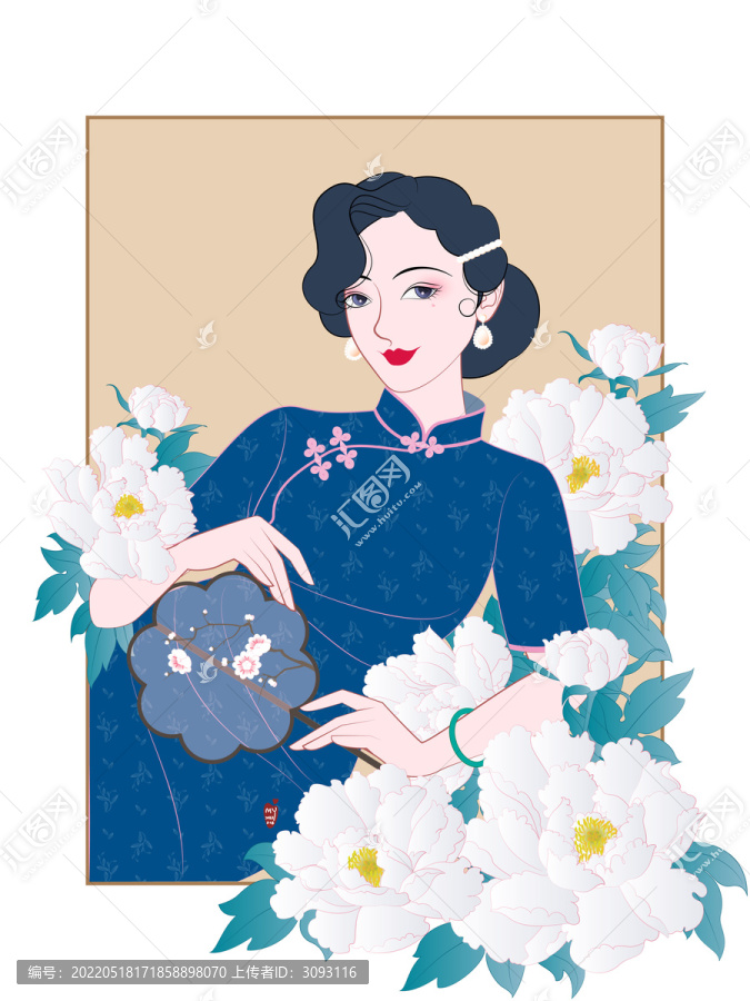 花卉旗袍美人插画之白牡丹