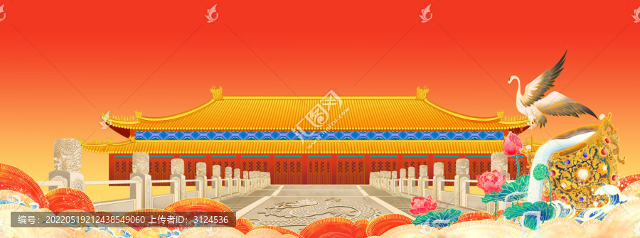 古建筑仙鶴背景插畫