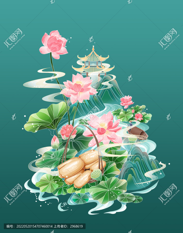 中國(guó)風(fēng)國(guó)潮藕粉荷花蓮藕插畫