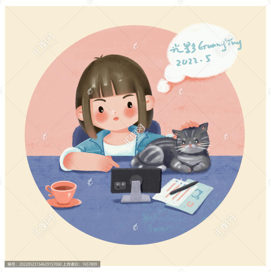 女孩和貓插畫