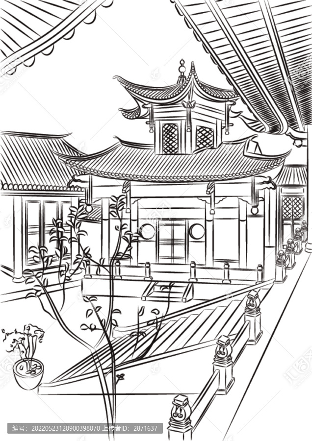 中式庭院黑白插畫