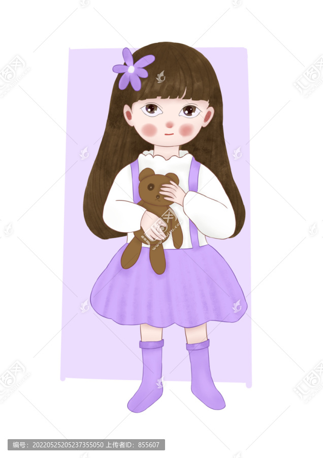 儿童插画抱小熊的紫裙女孩