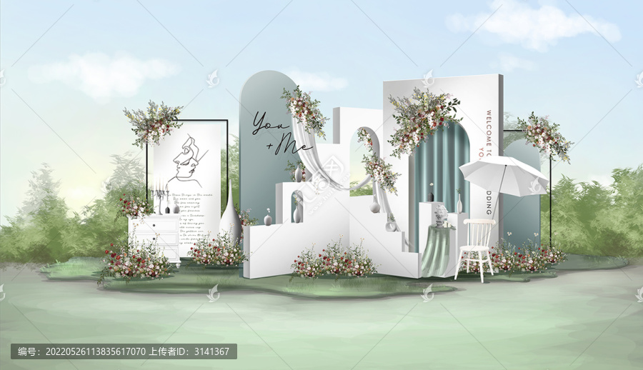 戶外小清新白綠婚禮迎賓區(qū)