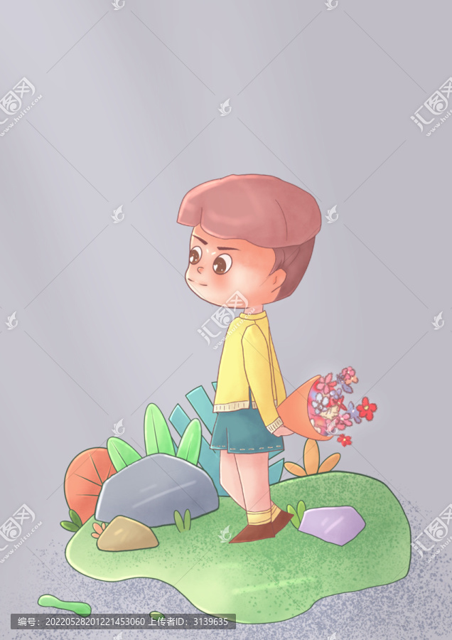 手拿鮮花的男孩