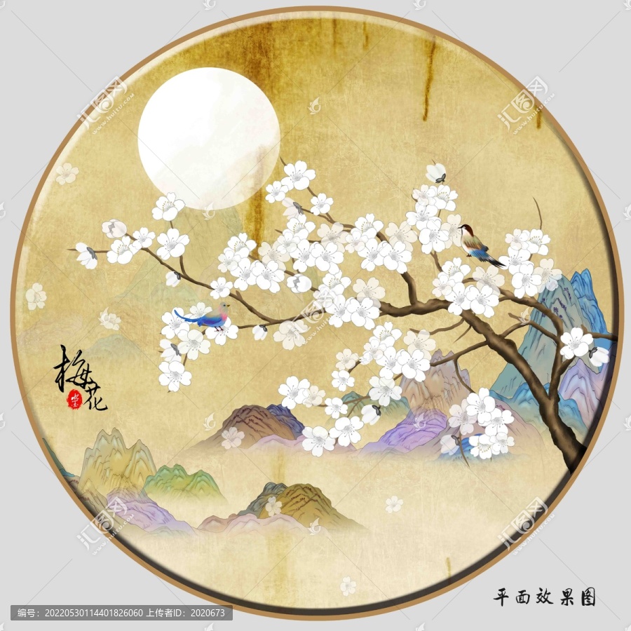 圆形花鸟国潮山水壁画挂画