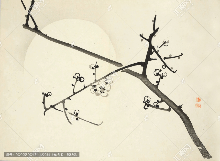 月下梅花水墨國(guó)畫小品