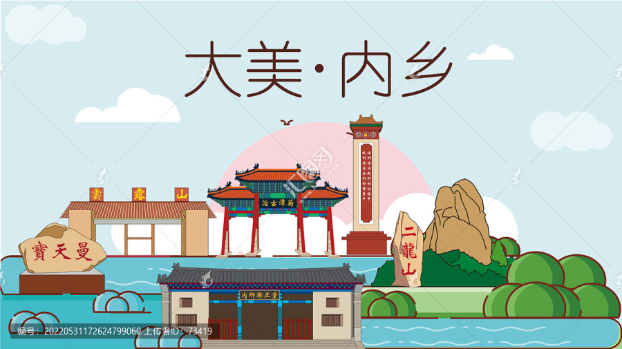 内乡县国潮插画风著名地标景点