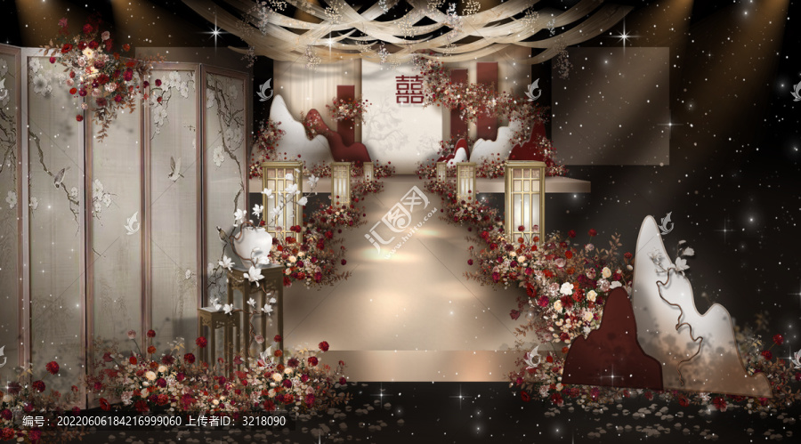 香檳紅色新中式婚禮儀式區(qū)