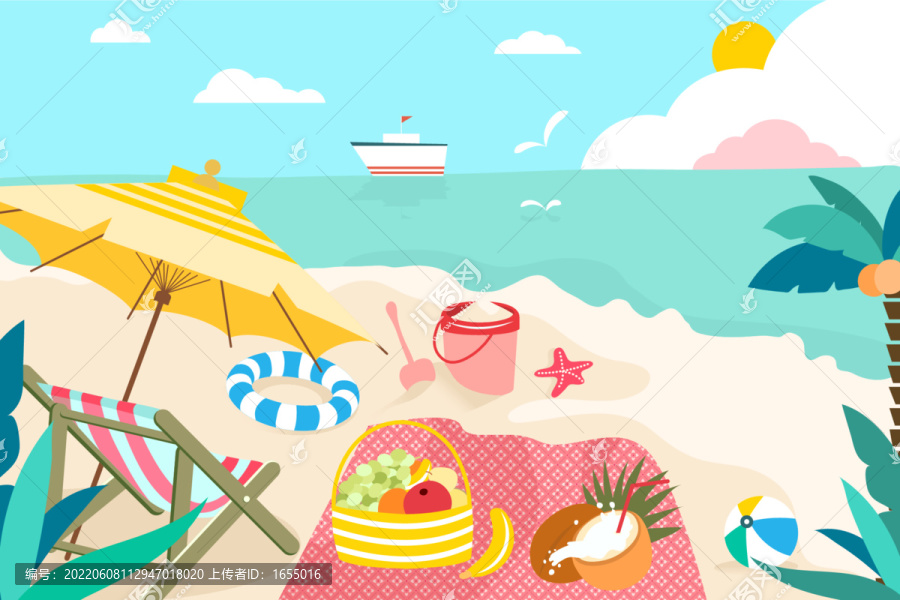 休闲旅游海边夏日沙滩插画