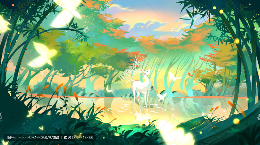 竹林麋鹿插畫明信片插畫