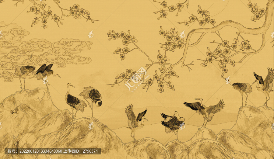 梅花仙鶴線稿背景墻