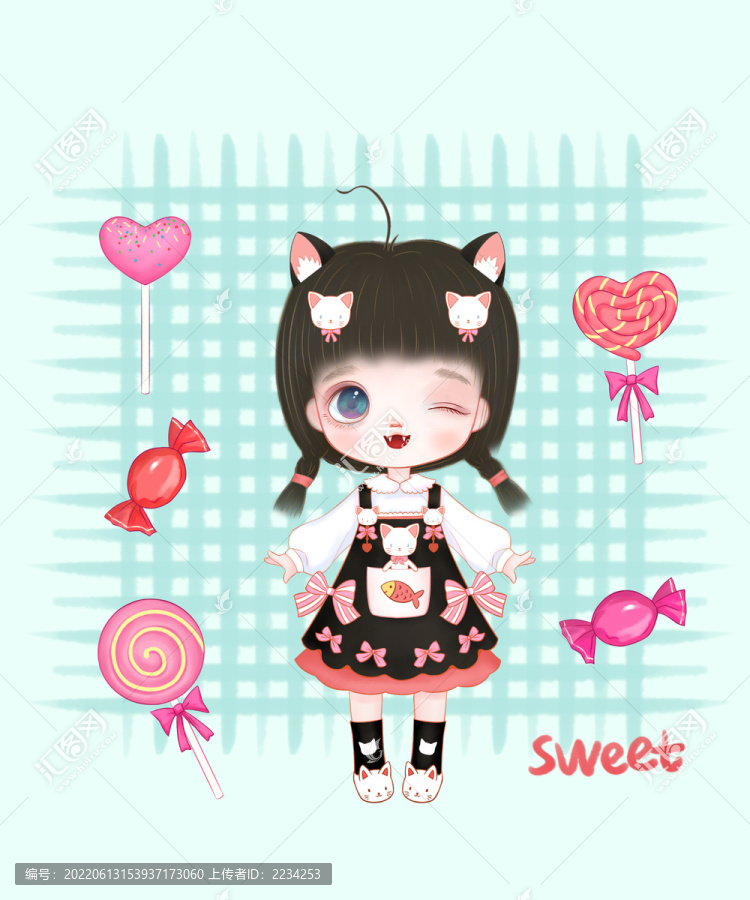 少女只只貓?zhí)鹈捞枪L(fēng)插畫