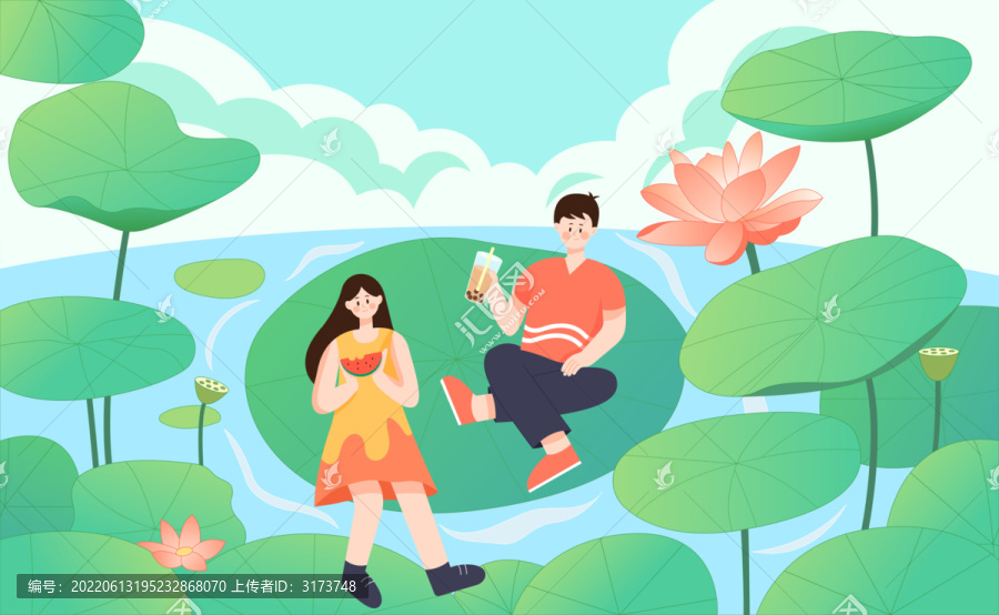 夏天情侣池塘里吃西瓜喝奶茶