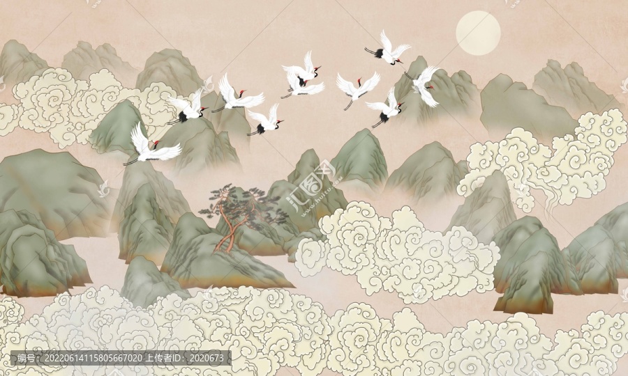 祥云山水仙鶴圖