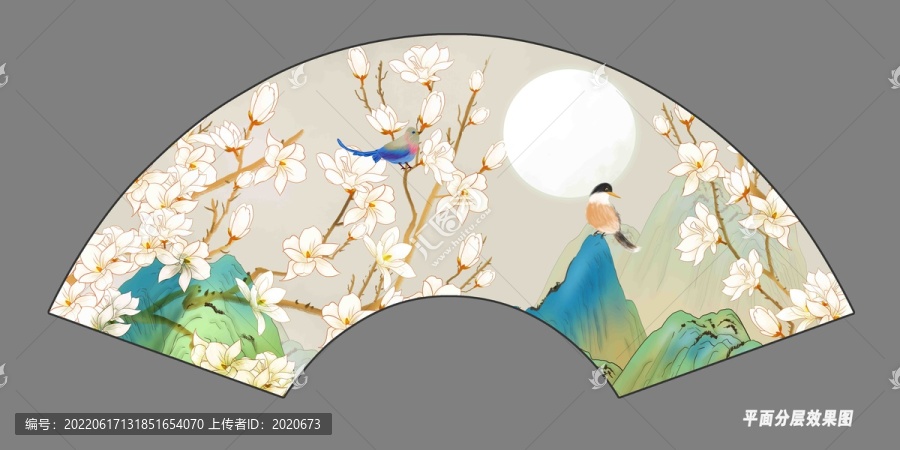 折扇玉蘭花國潮山水插畫