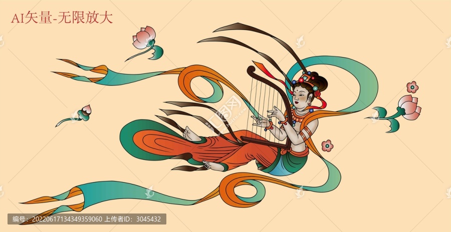飛天敦煌漢華飛天彈琴樂器矢量