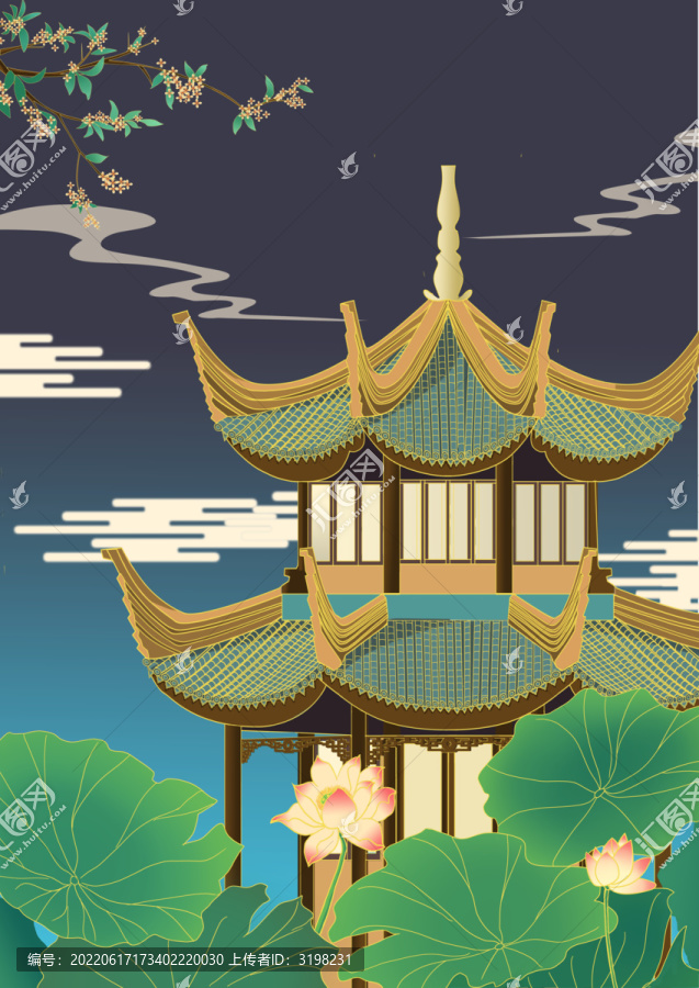 背景元素荷花加亭子psd