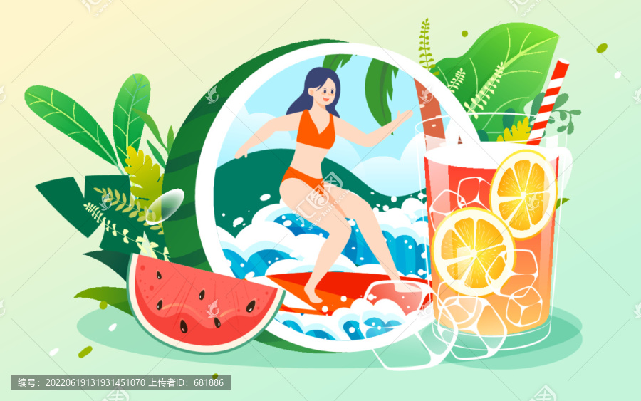 小暑節(jié)氣人物吃西瓜度假插畫