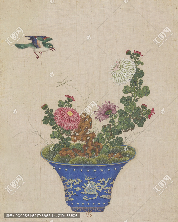 菊花飞鸟盆景国画