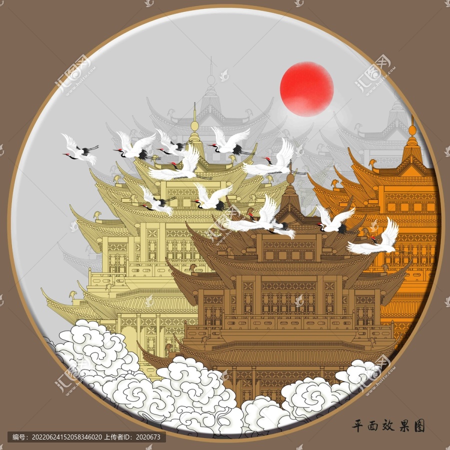 閣樓云紋壁畫掛畫