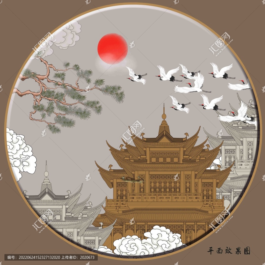 樓閣仙鶴壁畫(huà)掛畫(huà)