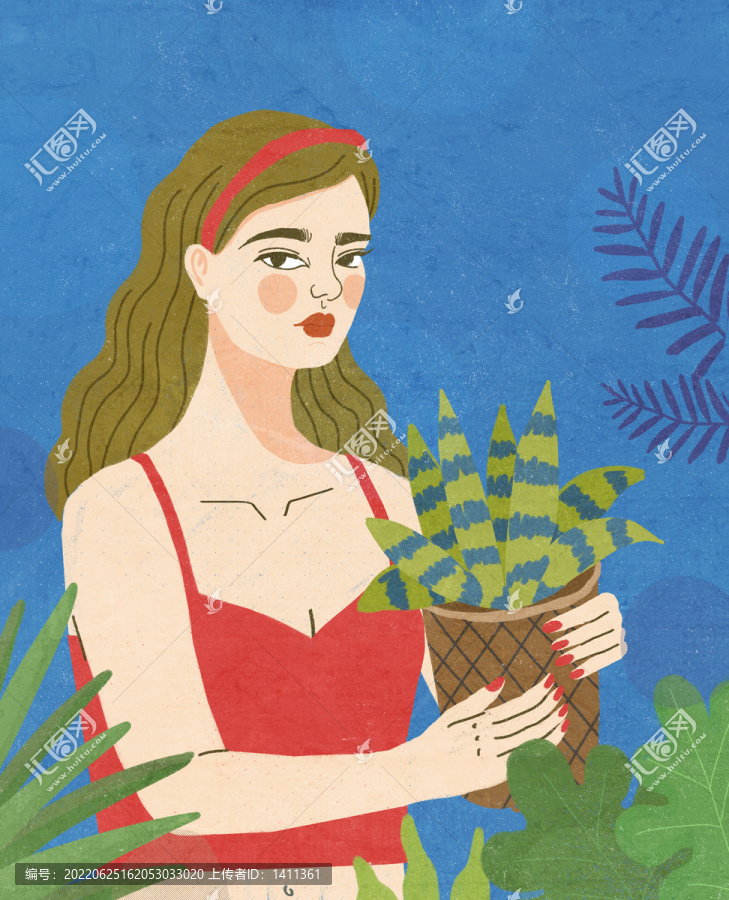 原創(chuàng)裝飾插畫手捧盆栽的少女