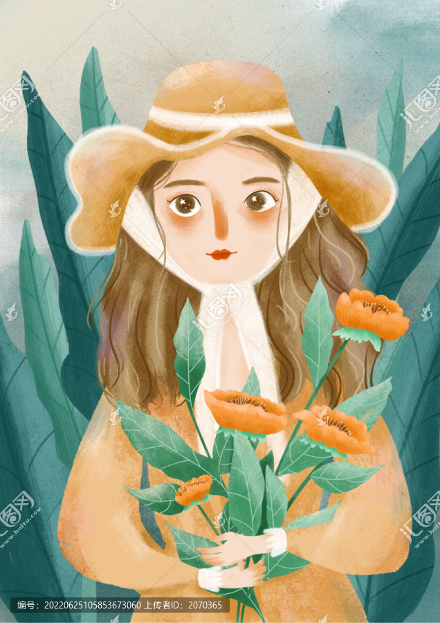 扁平人物女孩插畫抱花的女孩