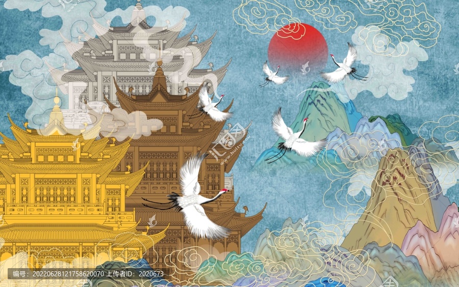 瑞鶴圖背景墻酒店大堂高端壁畫