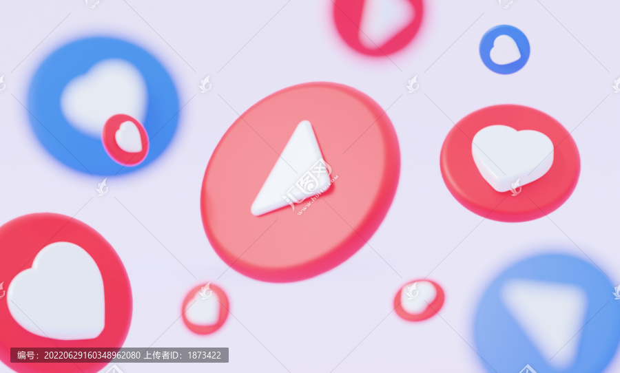 3D播放和愛(ài)心按鈕落下概念插圖