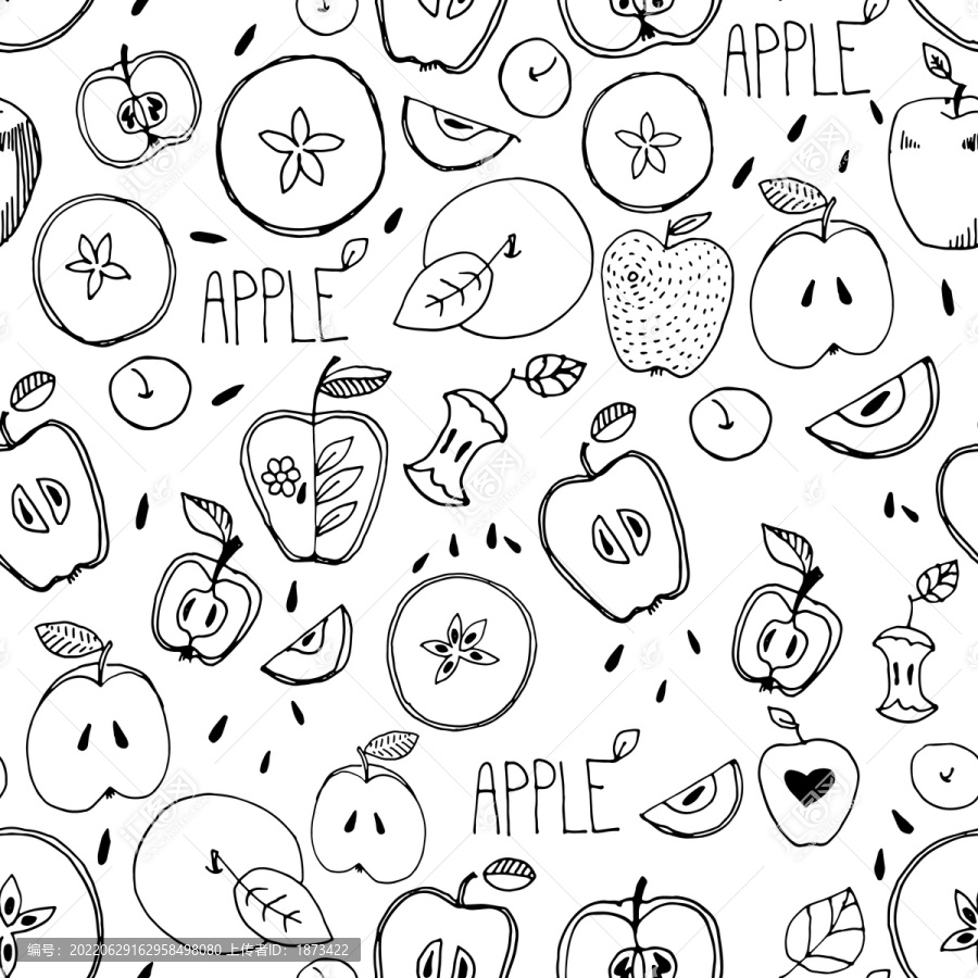 线描苹果果核插图