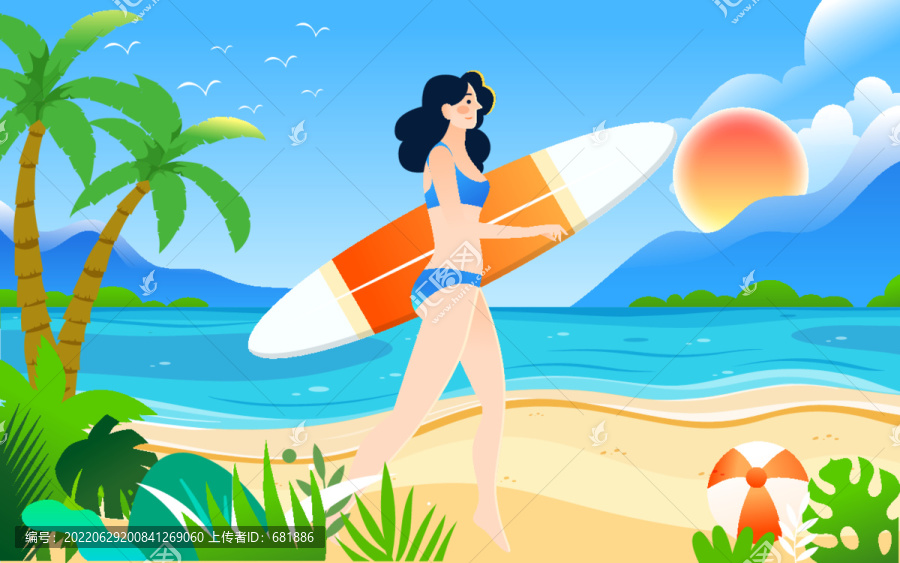 人物夏天海邊沖浪戶外運(yùn)動(dòng)插畫
