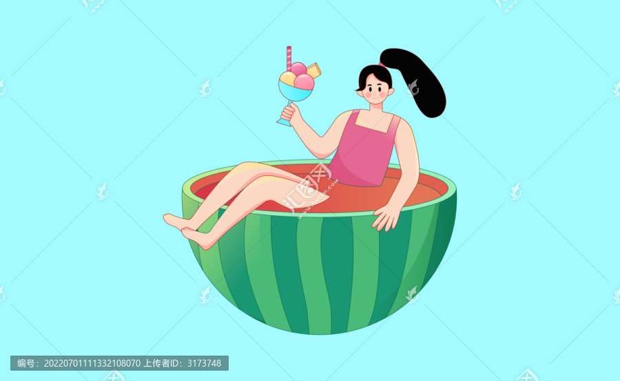 夏日美女手拿冰激凌坐西瓜里