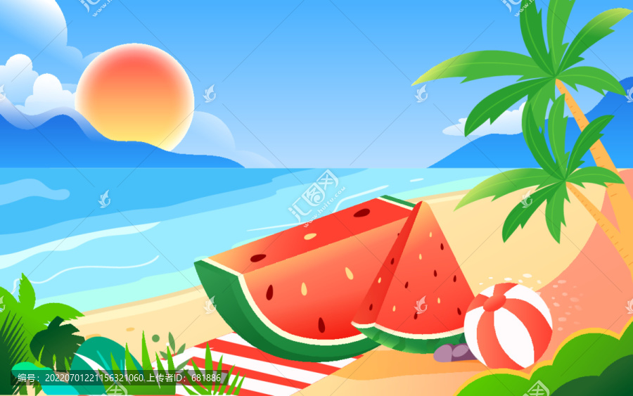夏天解暑綠色水果西瓜果汁插畫