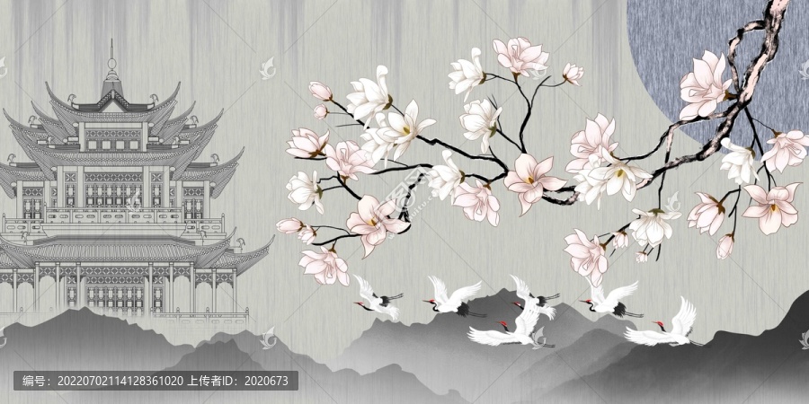 山水閣樓瑞鶴圖花鳥插畫